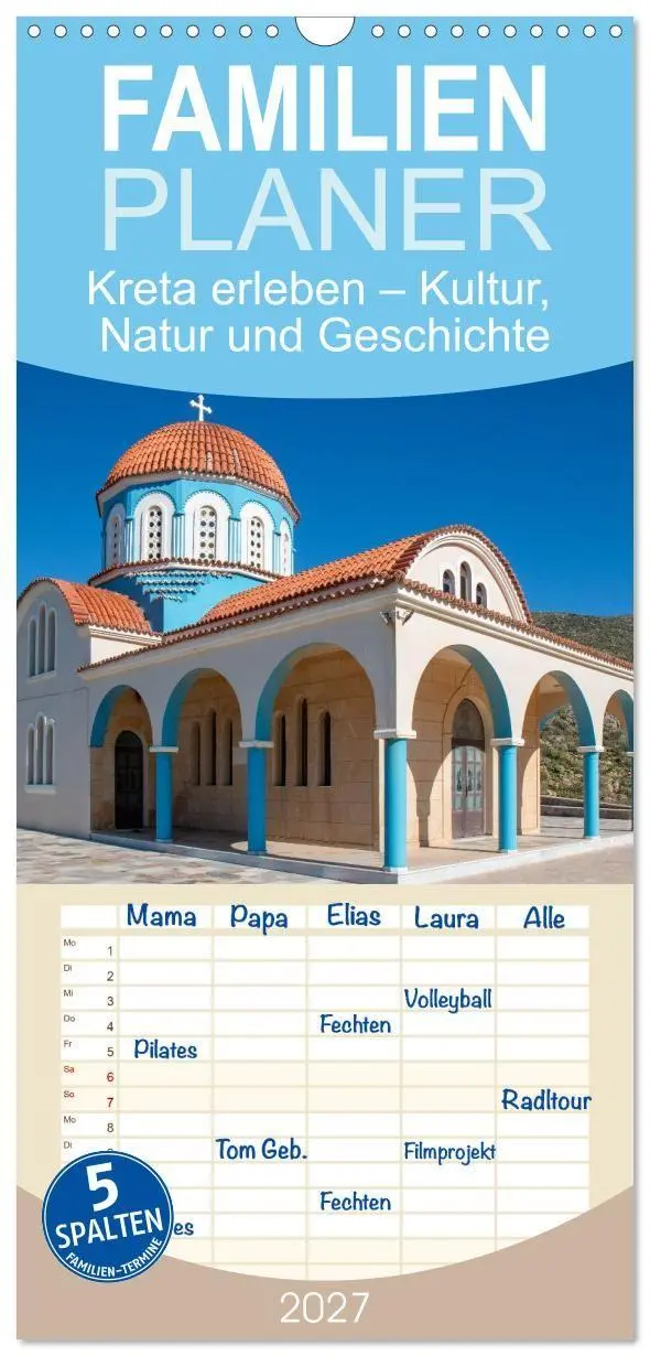 Familienplaner 2027 - Kreta erleben - Kultur, Natur und Geschichte mit 5 Spalten (Wandkalender, 21 x 45 cm) CALVENDO