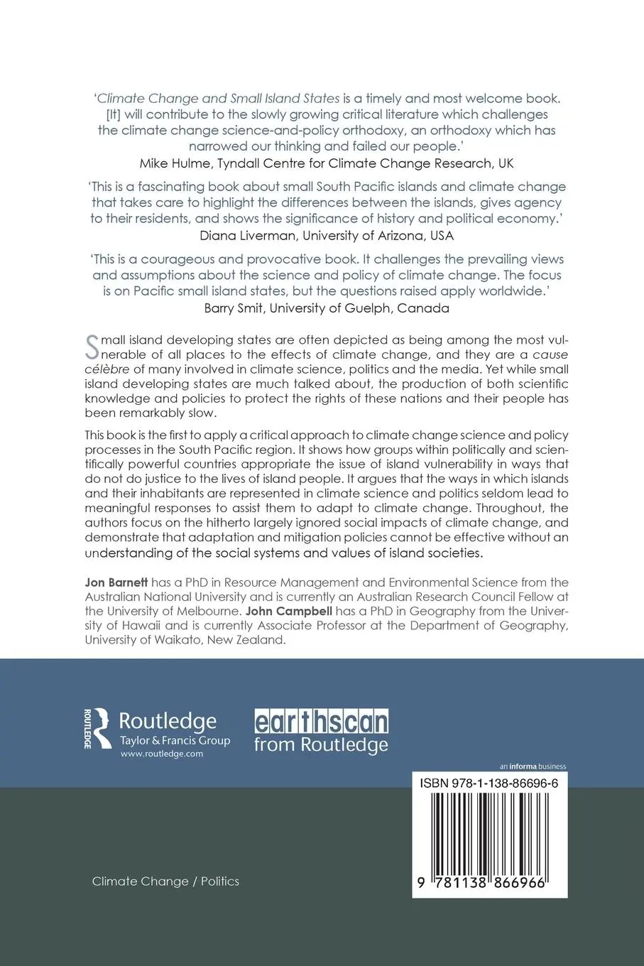 Rückseite: 9781138866966 | Climate Change and Small Island States | Jon Barnett (u. a.) | Buch