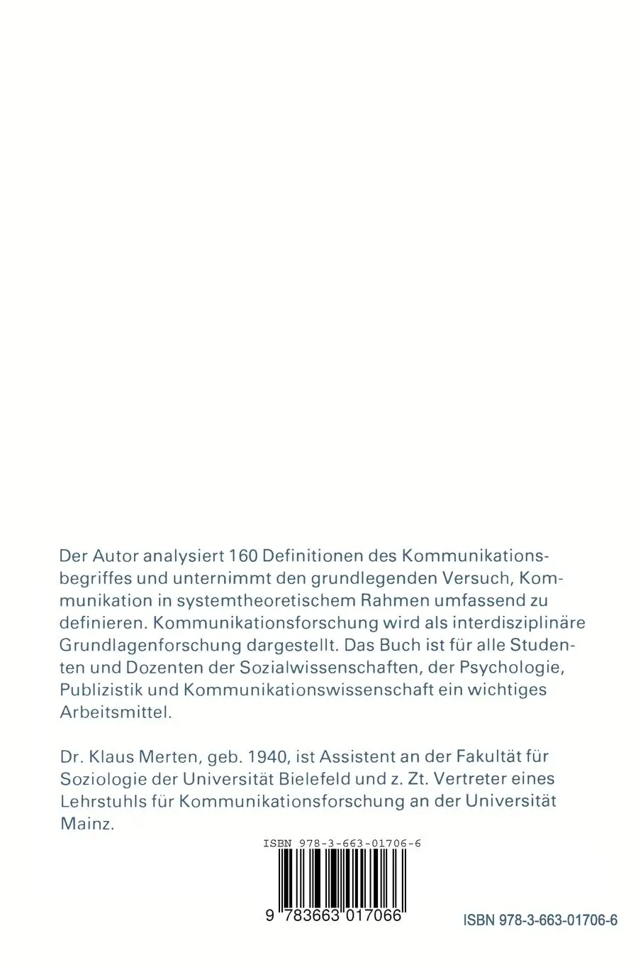Rückseite: 9783663017066 | Kommunikation | Eine Begriffs- und Prozeßanalyse | Klaus Merten | Buch