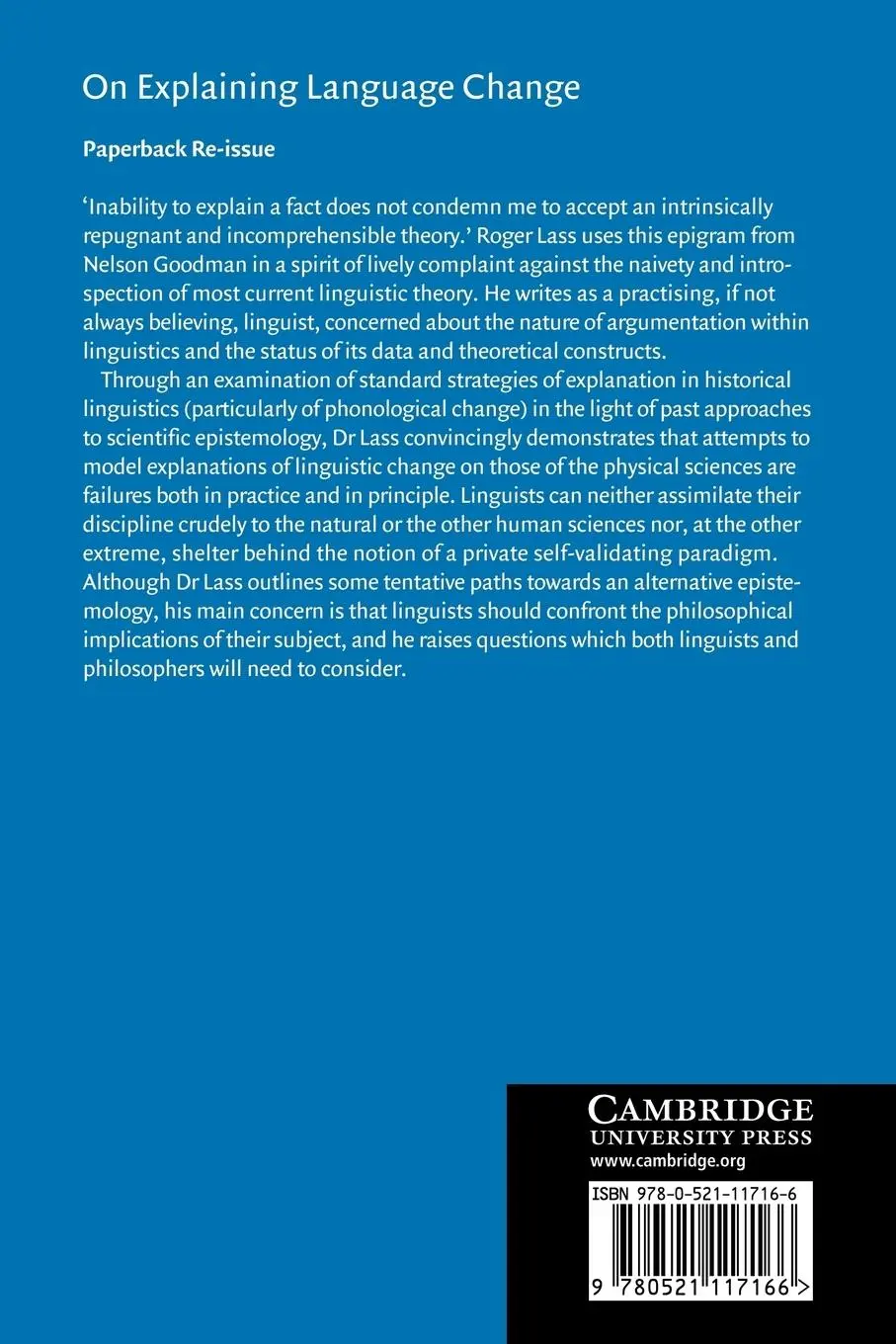 Rückseite: 9780521117166 | On Explaining Language Change | Lass (u. a.) | Taschenbuch | Englisch