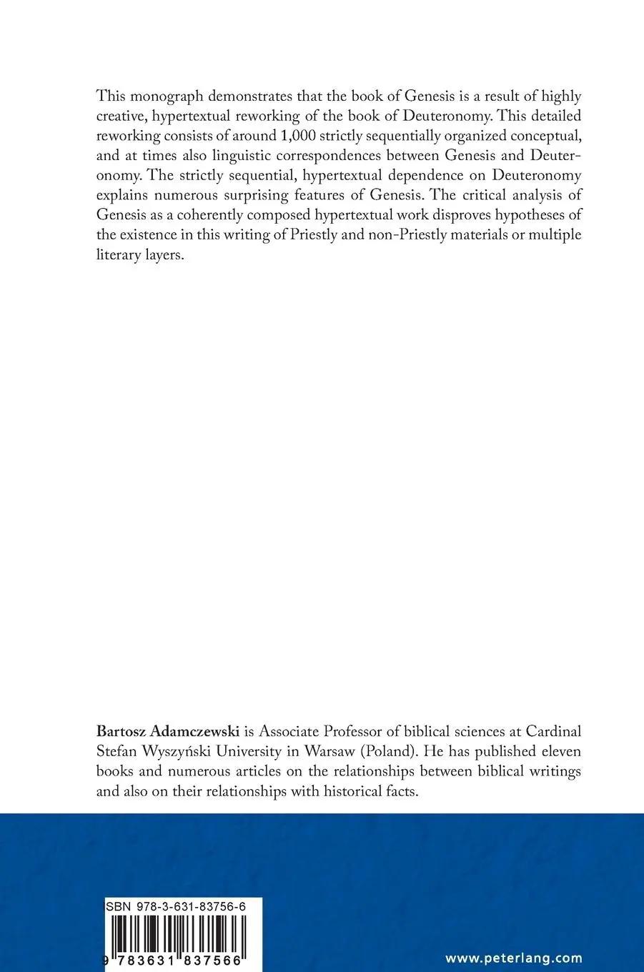 Rückseite: 9783631837566 | Genesis | A Hypertextual Commentary | Bartosz Adamczewski | Buch