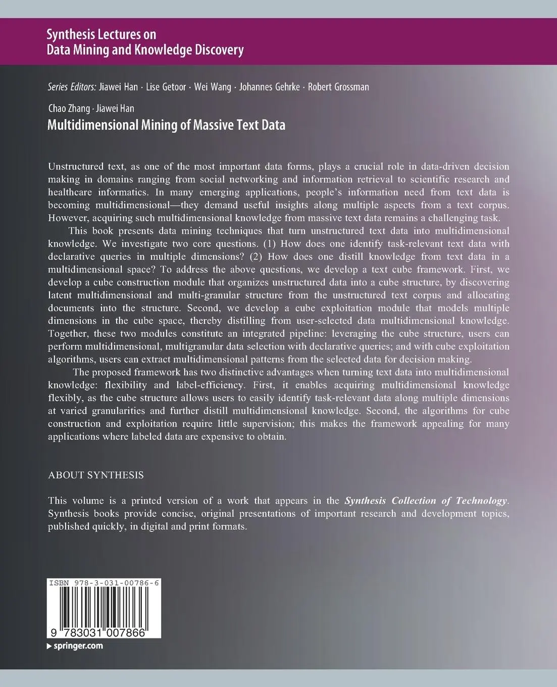 Rückseite: 9783031007866 | Multidimensional Mining of Massive Text Data | Jiawei Han (u. a.)