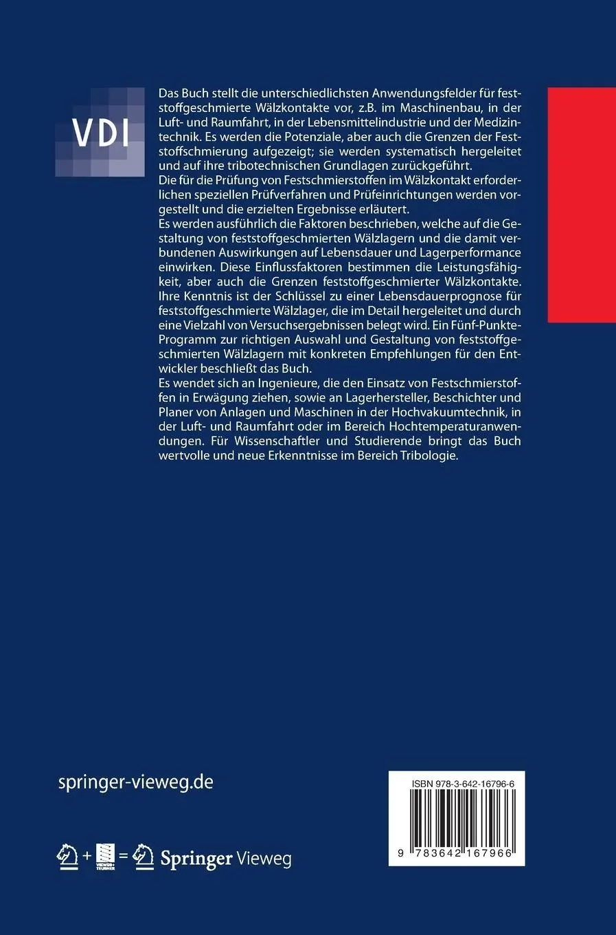 Rückseite: 9783642167966 | Feststoffgeschmierte Wälzlager | Einsatz, Grundlagen und Auslegung