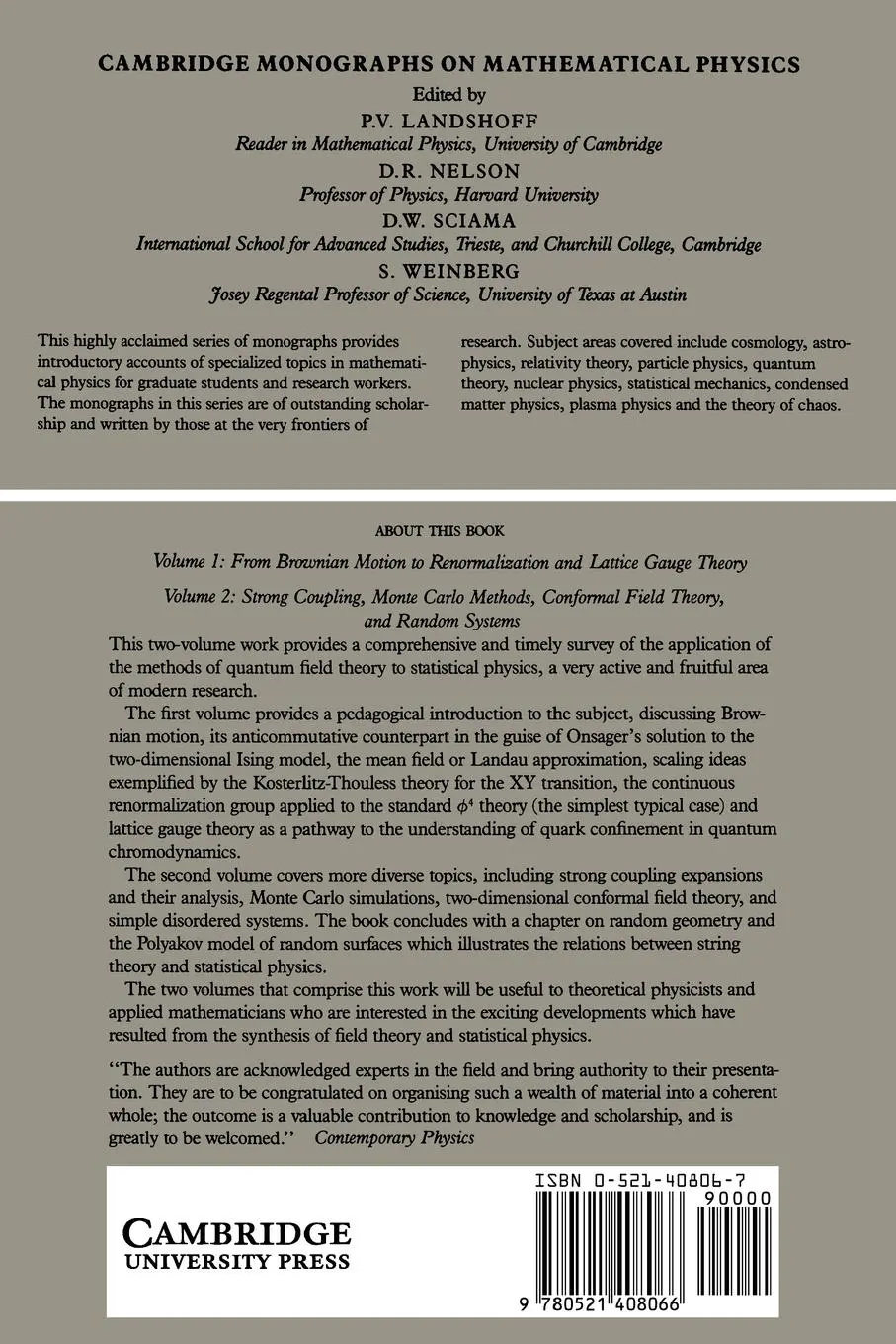 Rückseite: 9780521408066 | Statistical Field Theory | Claude Itzykson (u. a.) | Taschenbuch