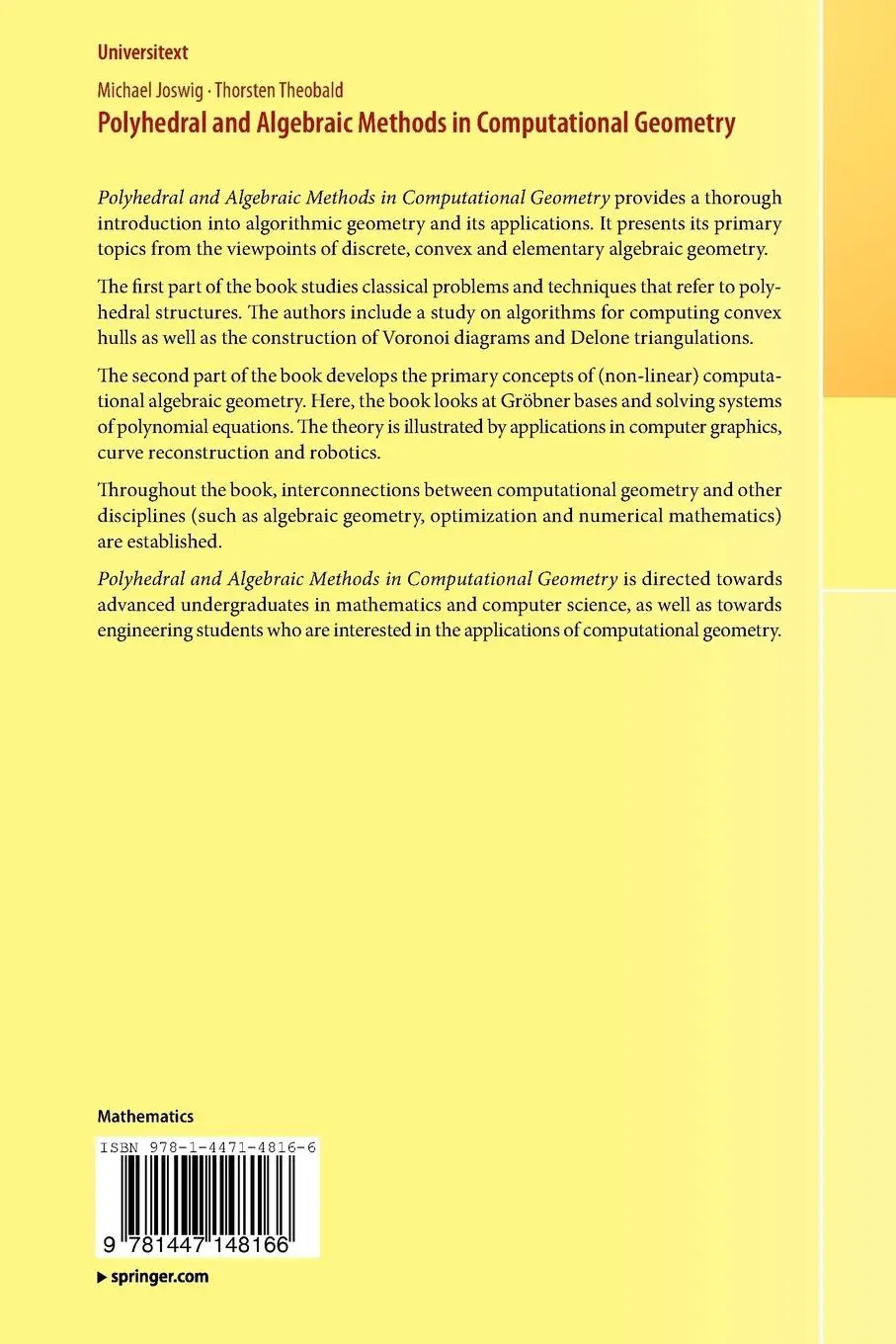 Rückseite: 9781447148166 | Polyhedral and Algebraic Methods in Computational Geometry | Buch | x