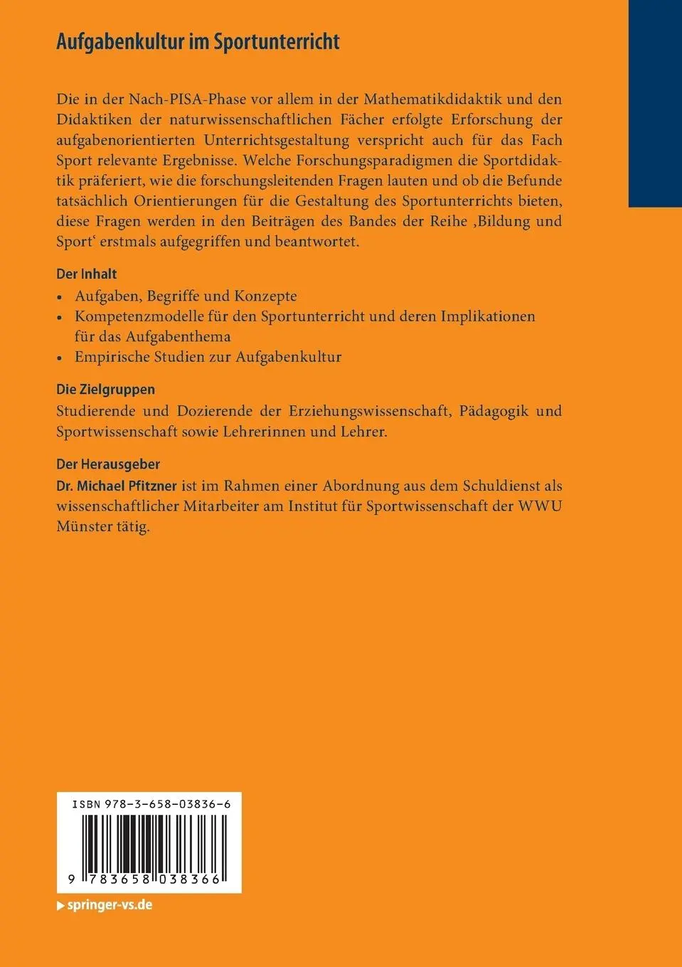 Rückseite: 9783658038366 | Aufgabenkultur im Sportunterricht | Michael Pfitzner | Taschenbuch | x