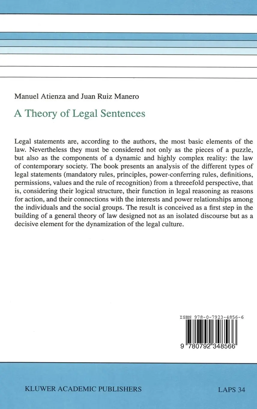 Rückseite: 9780792348566 | A Theory of Legal Sentences | J. Ruiz Manero (u. a.) | Buch | xiii