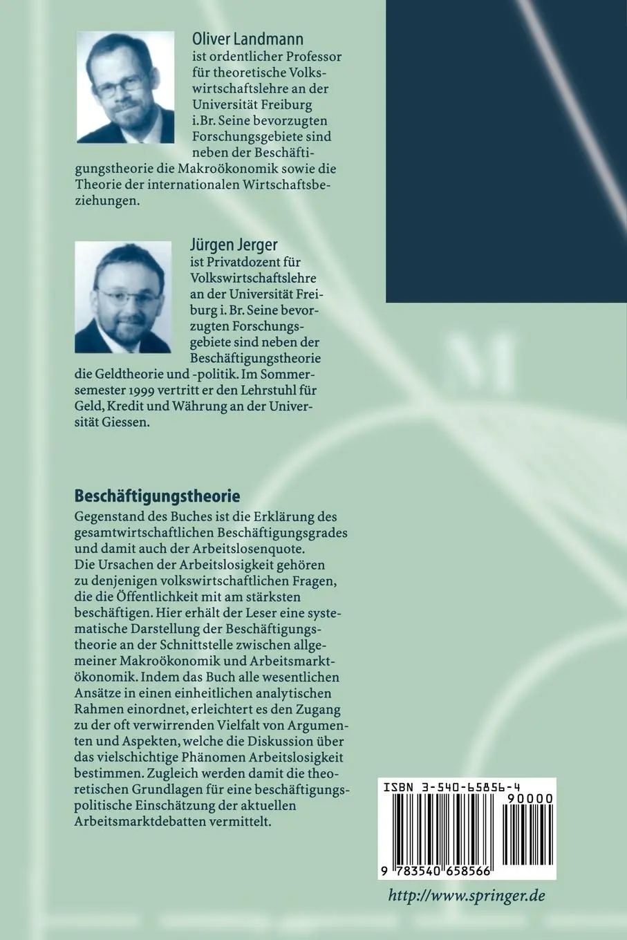 Rückseite: 9783540658566 | Beschäftigungstheorie | Oliver Landmann (u. a.) | Taschenbuch | xii