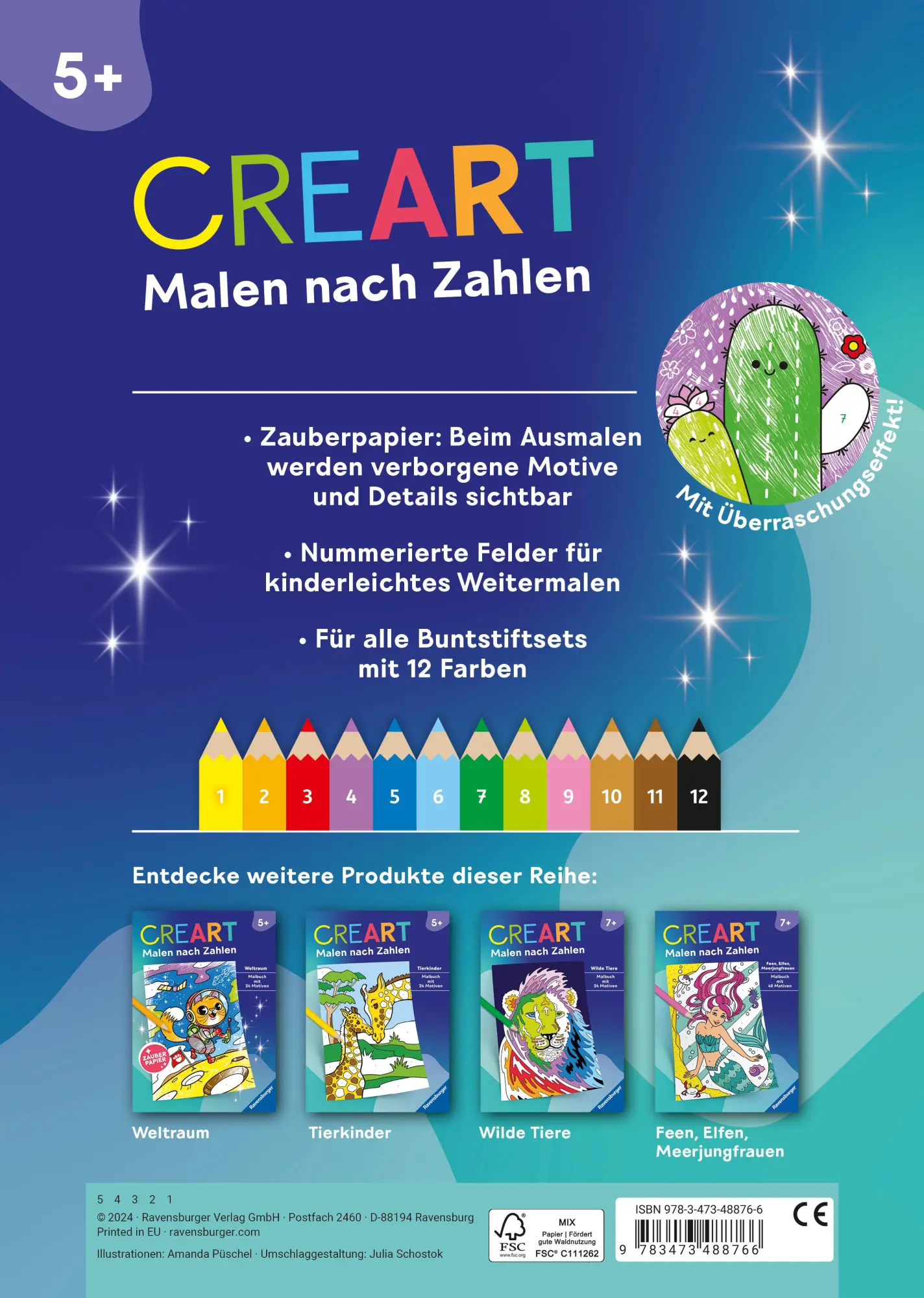 Rückseite: 9783473488766 | CreArt Malen nach Zahlen ab 5 - Zauberpapier: Kawaii Süße Freunde
