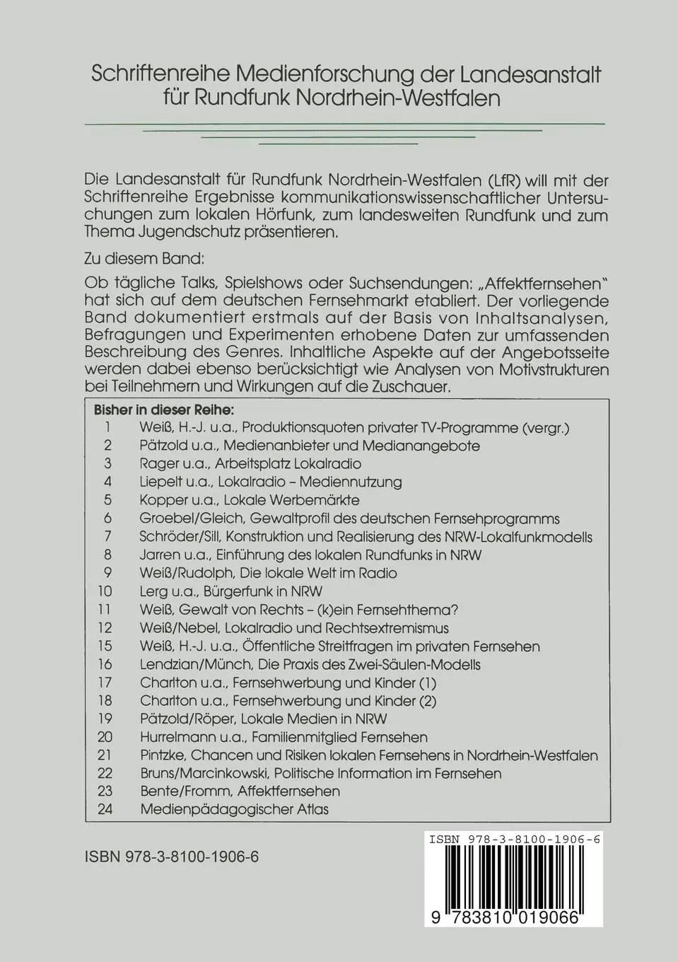 Rückseite: 9783810019066 | Affektfernsehen | Motive, Angebotsweisen und Wirkungen | Fromm (u. a.)