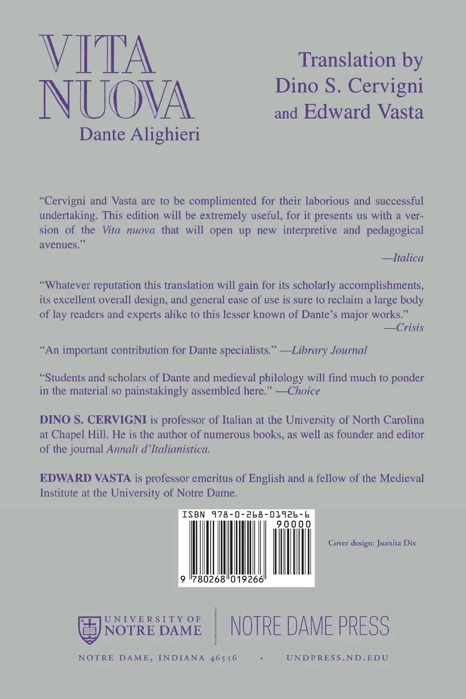 Rückseite: 9780268019266 | Vita nuova | Italian Text with Facing English Translation | Alighieri