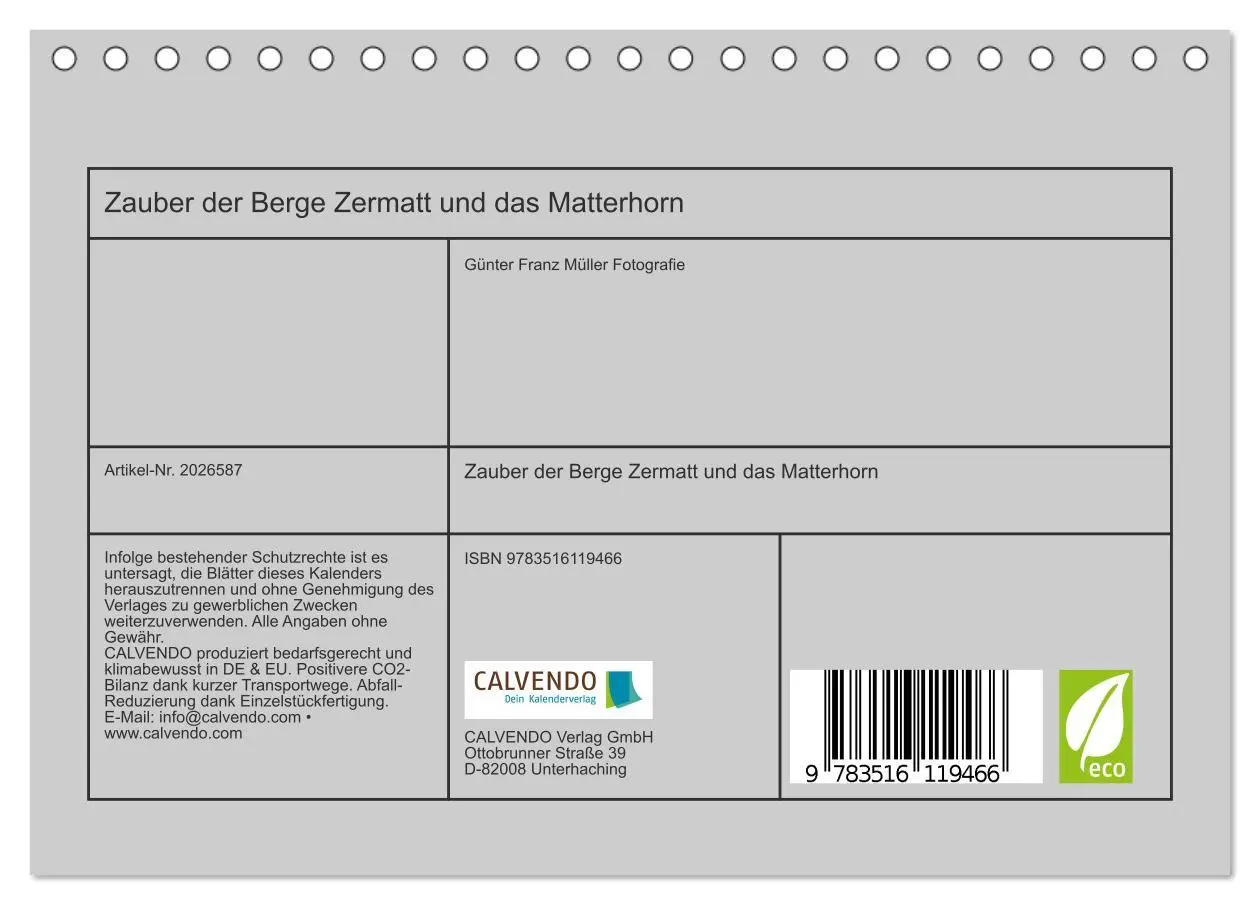 Bild: 9783516119466 | Zauber der Berge Zermatt und das Matterhorn (Tischkalender 2026 DIN...