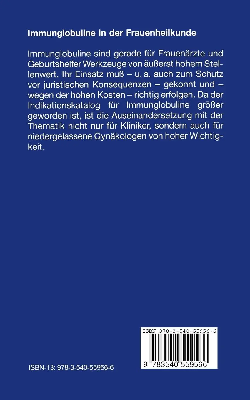 Rückseite: 9783540559566 | Immunglobuline in der Frauenheilkunde | Wolfgang Stolz (u. a.) | Buch