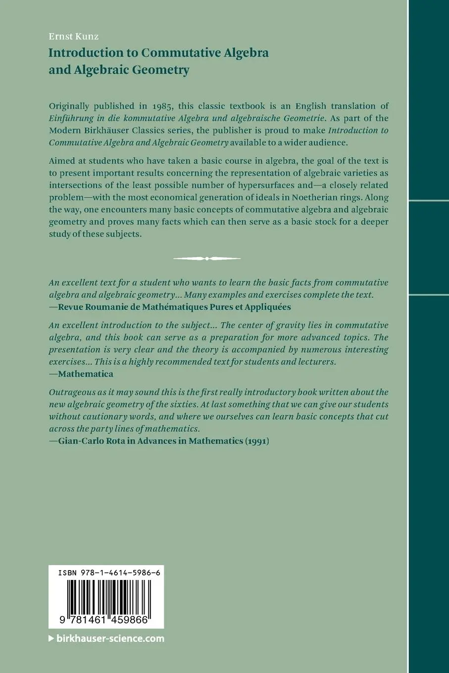 Rückseite: 9781461459866 | Introduction to Commutative Algebra and Algebraic Geometry | Kunz
