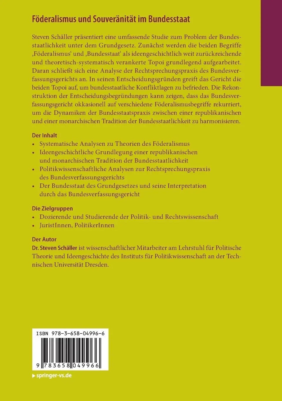 Rückseite: 9783658049966 | Föderalismus und Souveränität im Bundesstaat | Steven Schäller | Buch