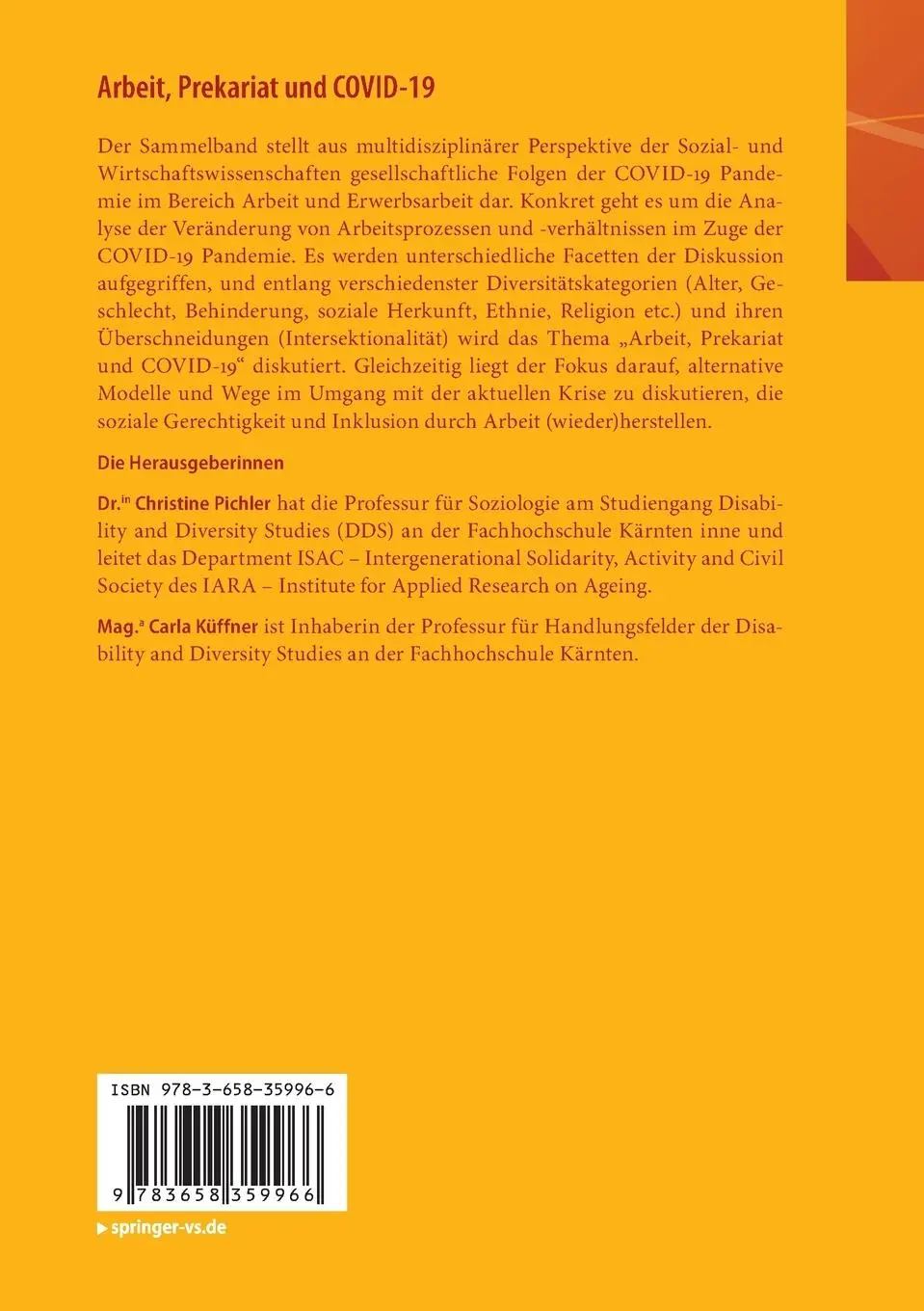 Rückseite: 9783658359966 | Arbeit, Prekariat und COVID-19 | Christine Pichler (u. a.) | Buch