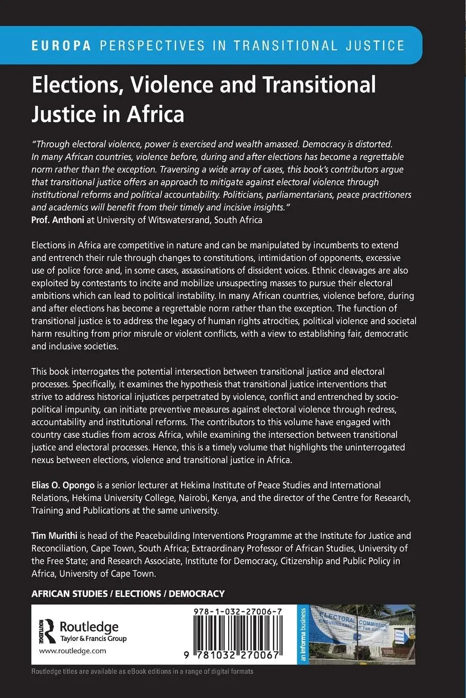 Rückseite: 9781032270067 | Elections, Violence and Transitional Justice in Africa | Taschenbuch