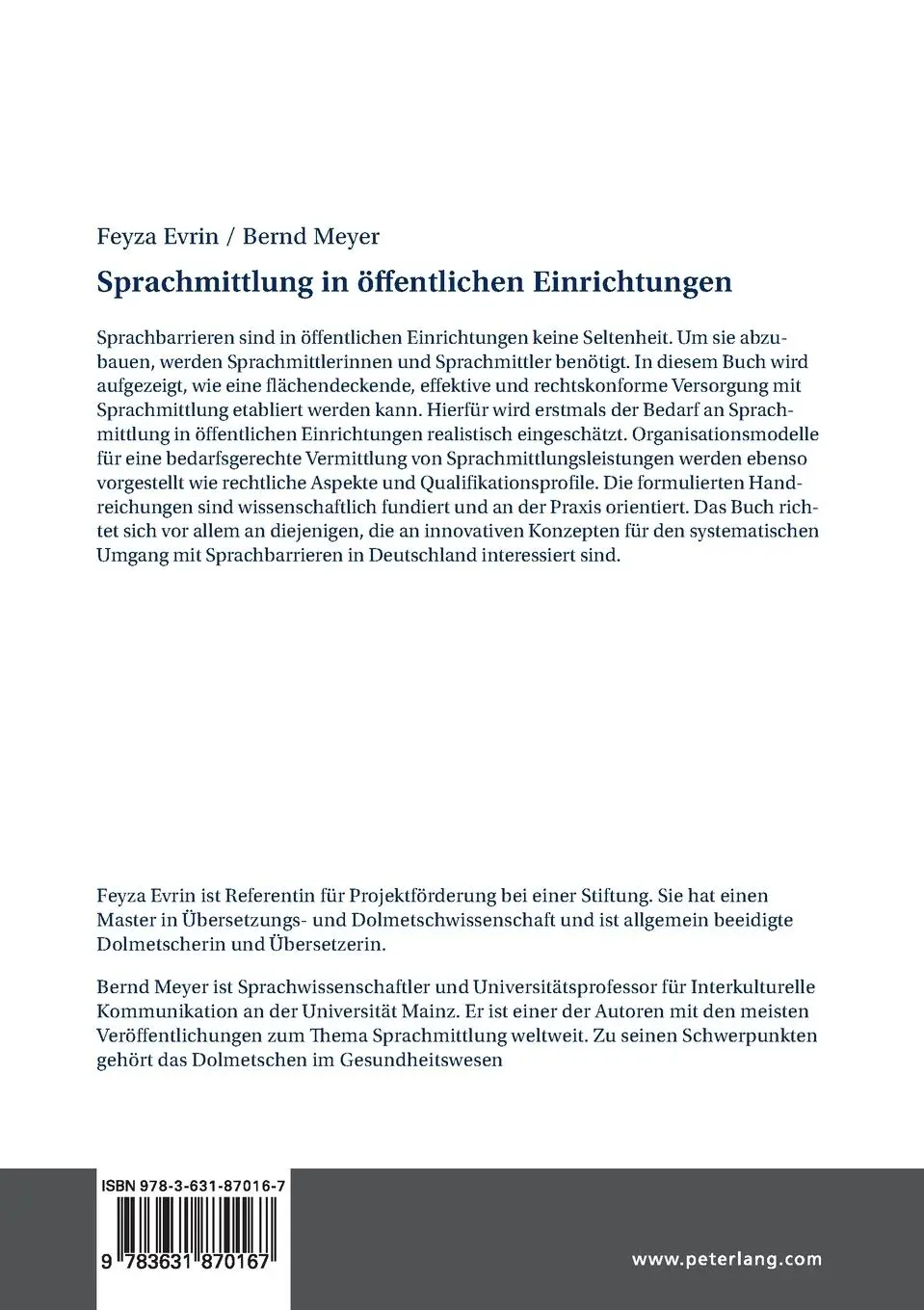 Rückseite: 9783631870167 | Sprachmittlung in öffentlichen Einrichtungen | Bernd Meyer (u. a.)