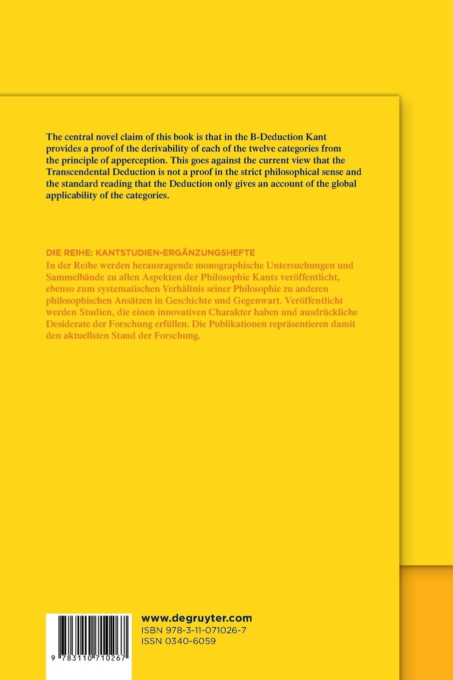 Rückseite: 9783110710267 | Kant¿s Deduction From Apperception | Dennis Schulting | Taschenbuch