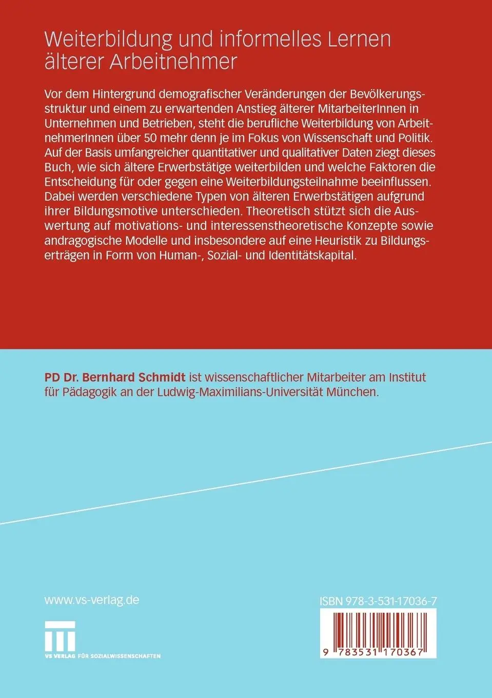 Rückseite: 9783531170367 | Weiterbildung und informelles Lernen älterer Arbeitnehmer | Schmidt
