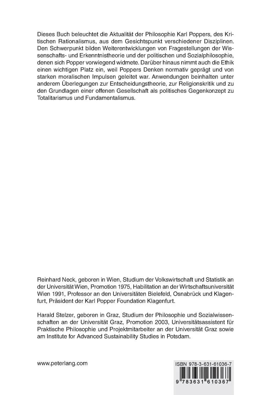 Rückseite: 9783631610367 | Kritischer Rationalismus heute | Harald Stelzer (u. a.) | Buch | 2013