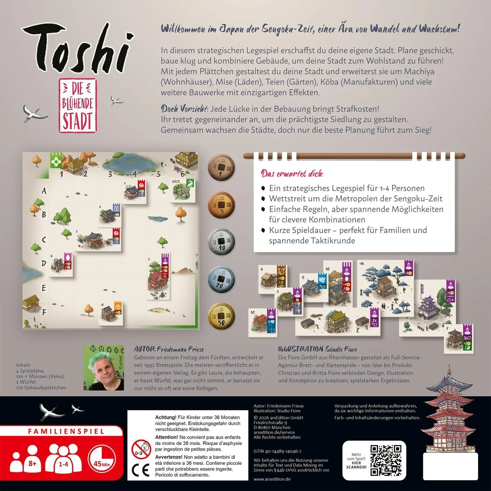 Rückseite: 4014489140467 | Toshi | Die blühende Stadt | Friedemann Friese | Spiel | Deutsch