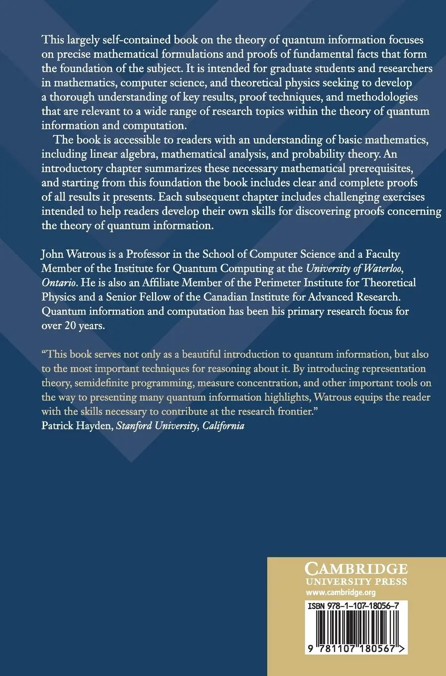 Rückseite: 9781107180567 | The Theory of Quantum Information | John Watrous | Buch | Gebunden