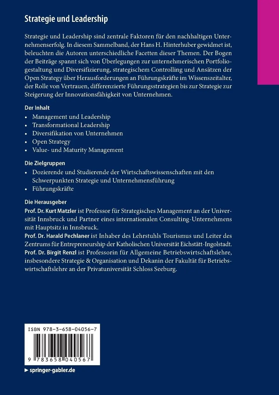 Rückseite: 9783658040567 | Strategie und Leadership | Festschrift für Hans H. Hinterhuber | Buch