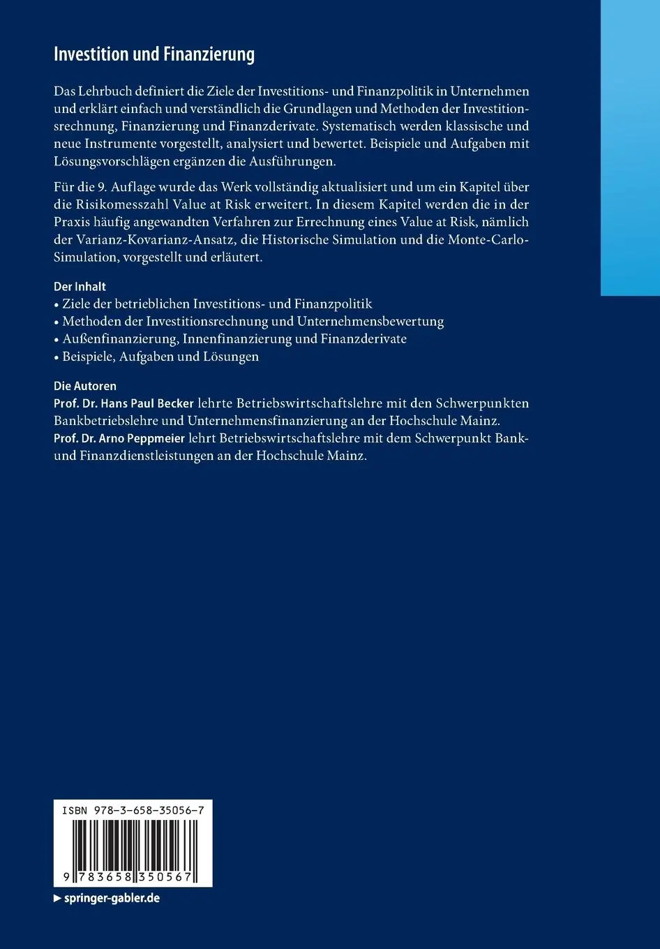 Rückseite: 9783658350567 | Investition und Finanzierung | Hans Paul Becker (u. a.) | Taschenbuch
