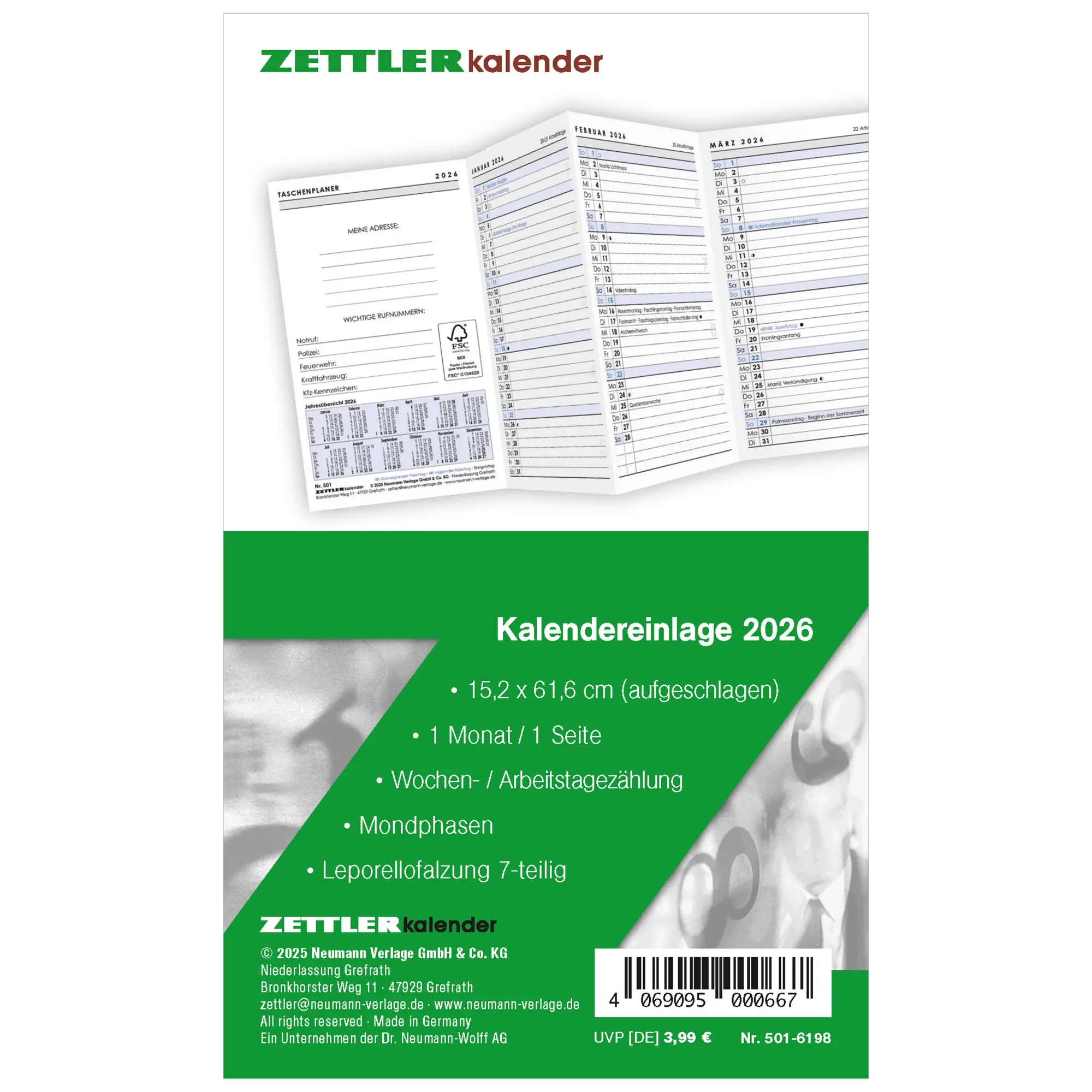 Cover: 4069095000667 | Kalender-Ersatzeinlage 2026 - für den Taschenplaner Leporello Typ...