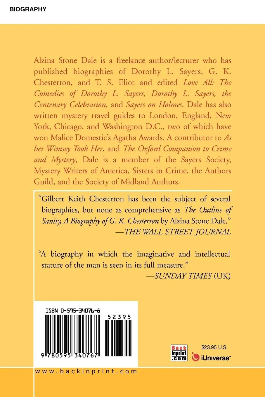 Rückseite: 9780595340767 | The Outline of Sanity | A Biography of G. K. Chesterton | Dale | Buch