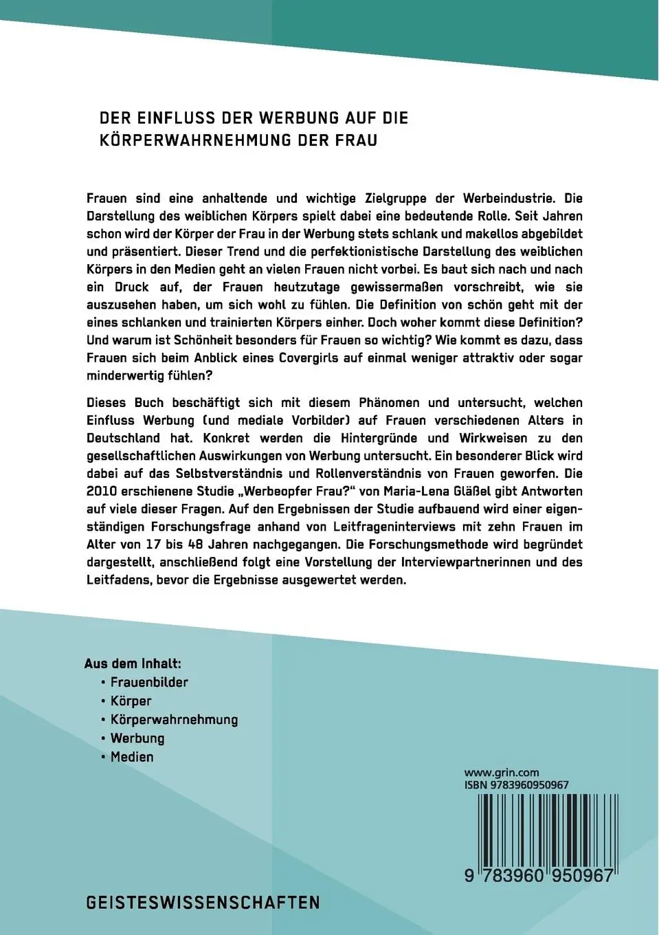 Rückseite: 9783960950967 | Der Einfluss der Werbung auf die Körperwahrnehmung der Frau | Buch