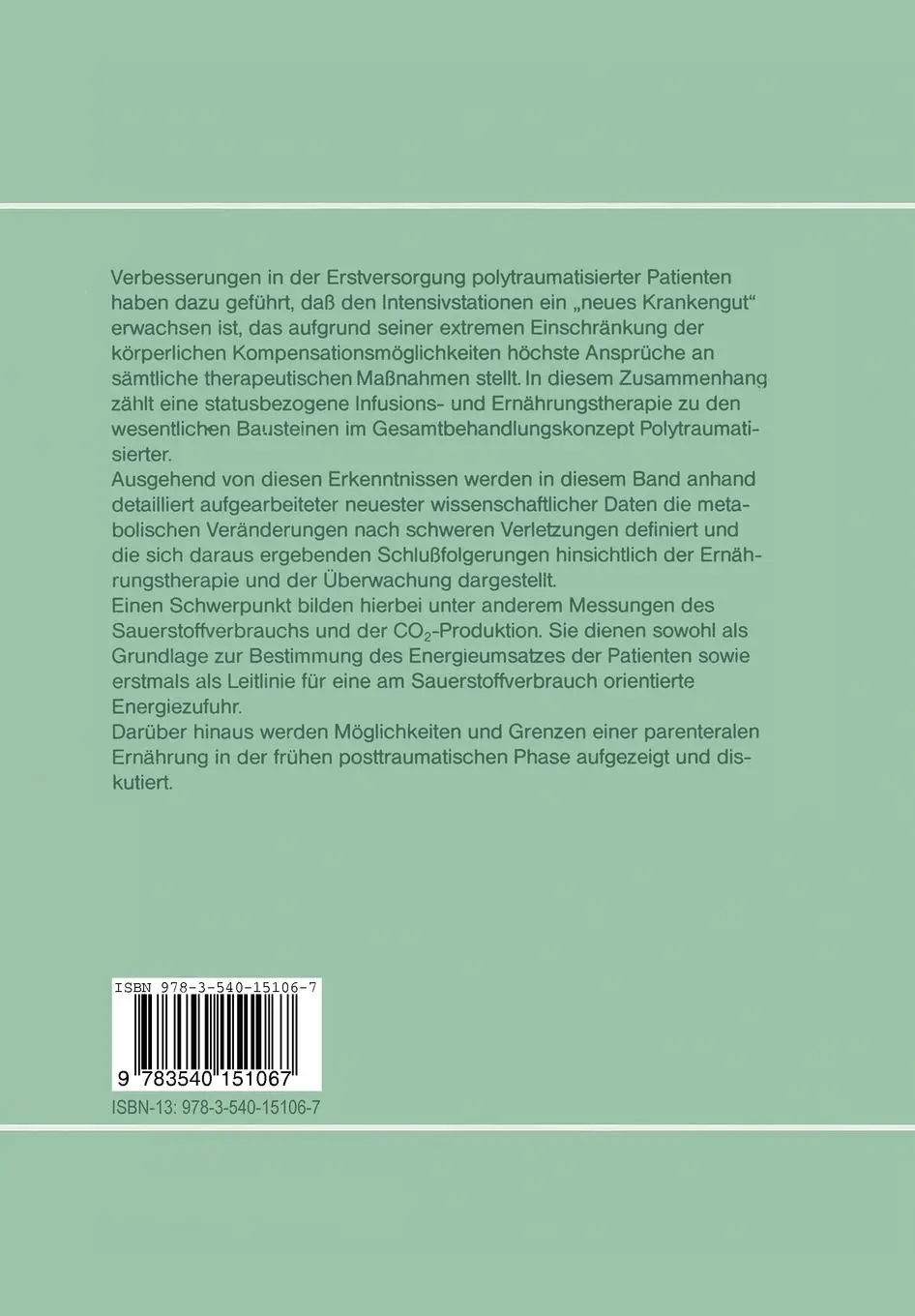 Rückseite: 9783540151067 | Infusions- und Ernährungstherapie des Polytraumatisierten | Schmitz