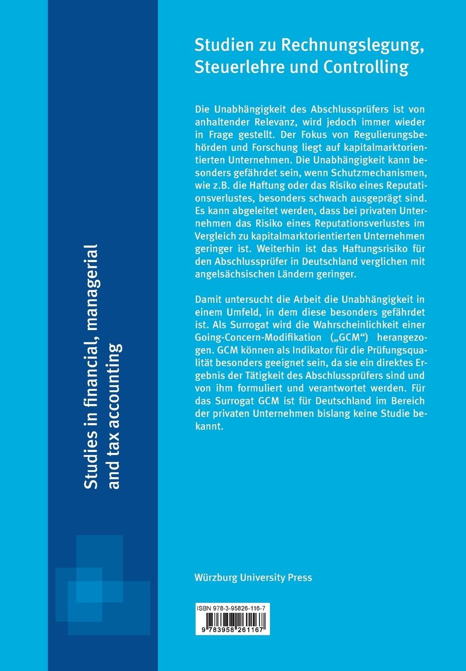 Rückseite: 9783958261167 | Die Unabhängigkeit des Abschlussprüfers bei privaten Unternehmen in...