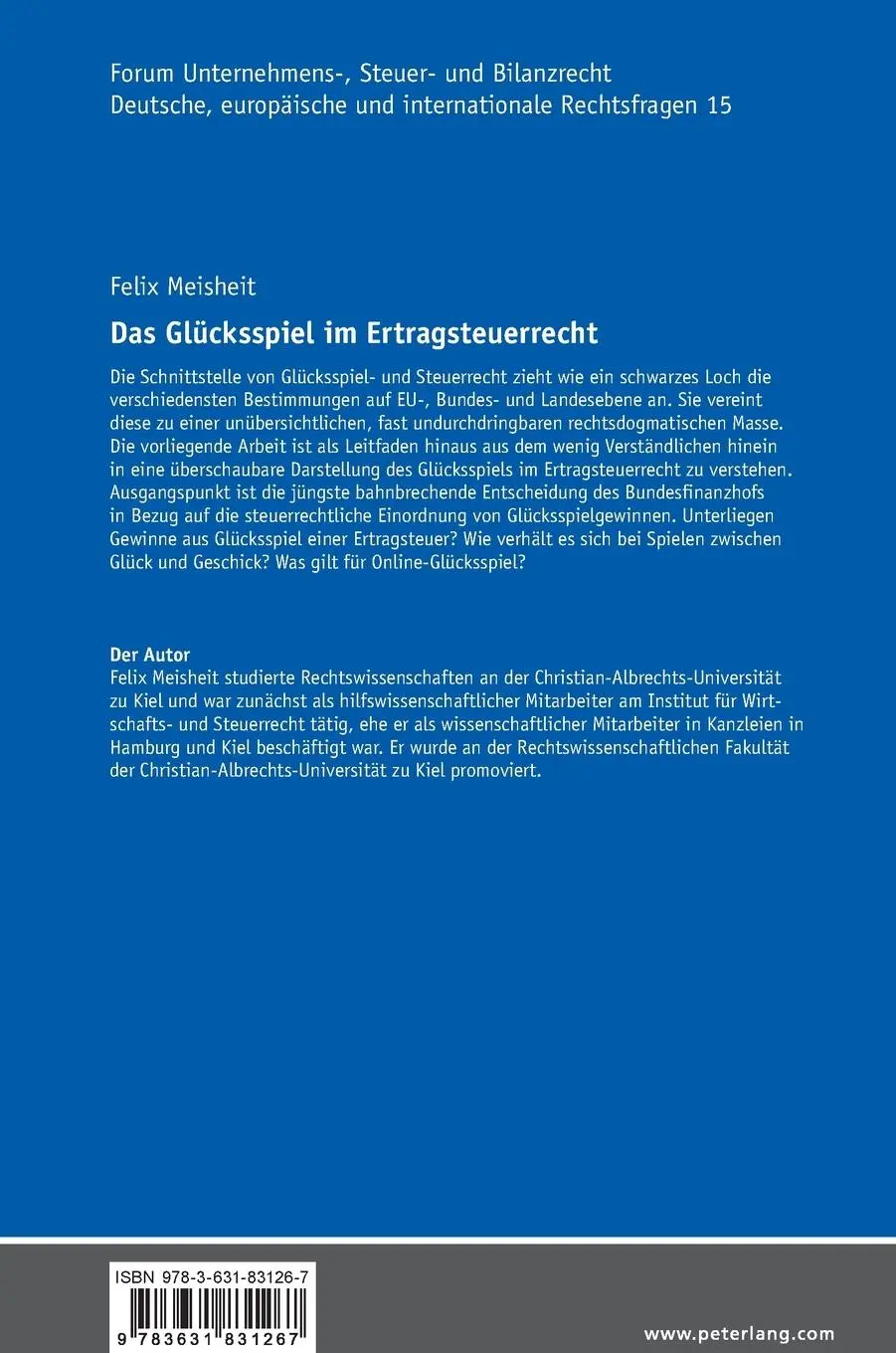 Rückseite: 9783631831267 | Das Glücksspiel im Ertragsteuerrecht | Felix Meisheit | Buch | 204 S.