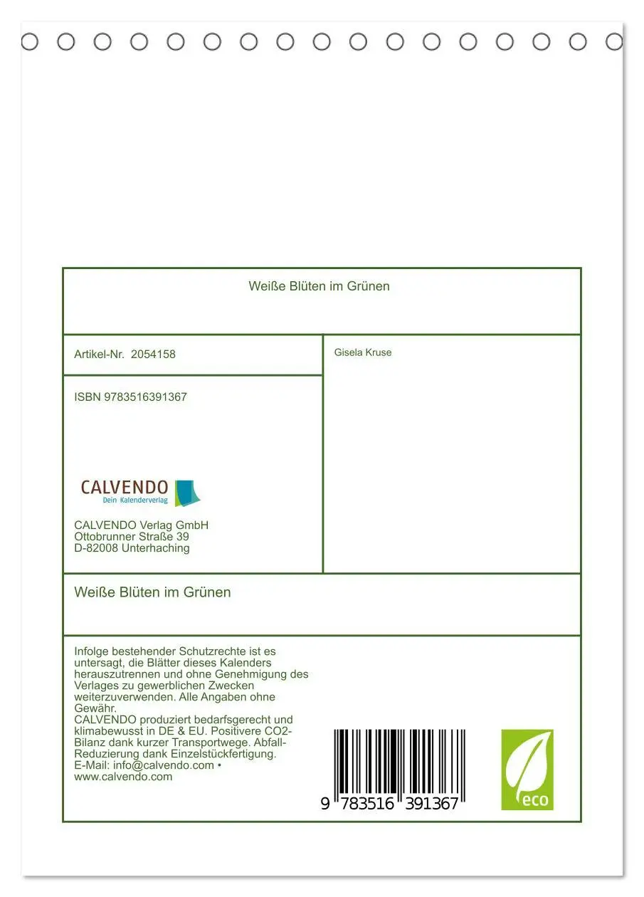 Bild: 9783516391367 | Weiße Blüten im Grünen (Tischkalender 2026 DIN A5 hoch), CALVENDO...