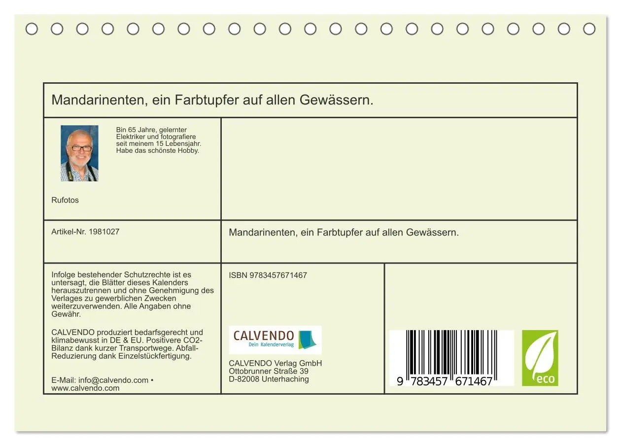 Bild: 9783457671467 | Mandarinenten, ein Farbtupfer auf allen Gewässern. (Tischkalender...