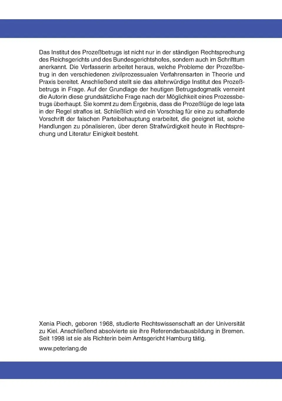 Rückseite: 9783631341667 | Der Prozeßbetrug im Zivilprozeß | Xenia Piech | Taschenbuch | Deutsch