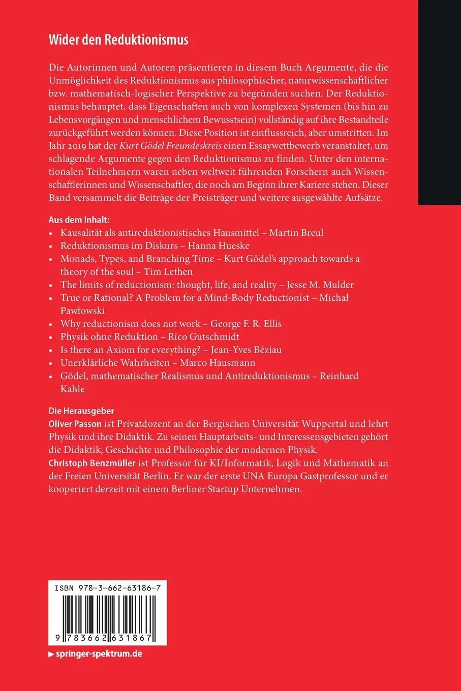 Rückseite: 9783662631867 | Wider den Reduktionismus | Oliver Passon (u. a.) | Taschenbuch | xv