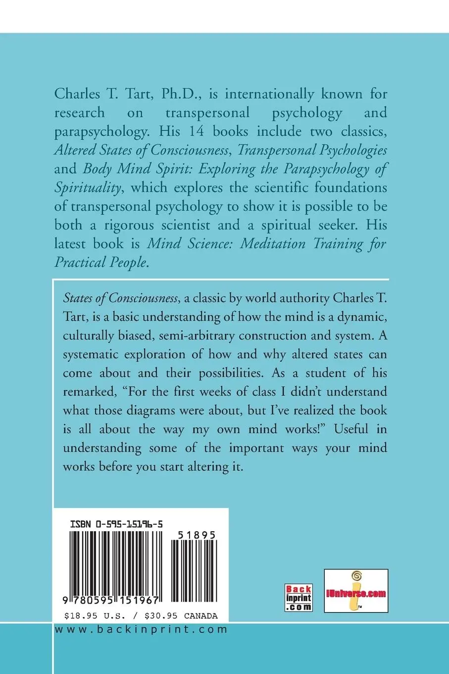 Rückseite: 9780595151967 | States of Consciousness | Charles T. Tart | Taschenbuch | Englisch