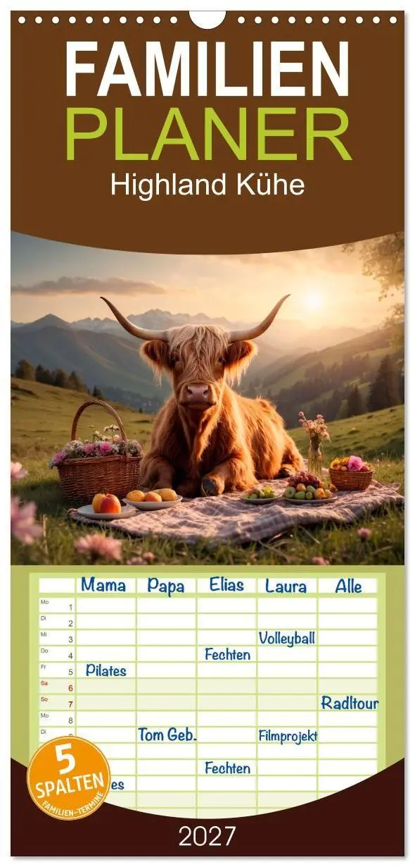 Cover: 9783594311967 | Familienplaner 2027 - Highland Kühe mit 5 Spalten (Wandkalender, 21...