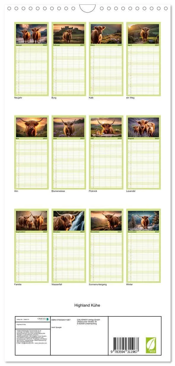 Bild: 9783594311967 | Familienplaner 2027 - Highland Kühe mit 5 Spalten (Wandkalender, 21...
