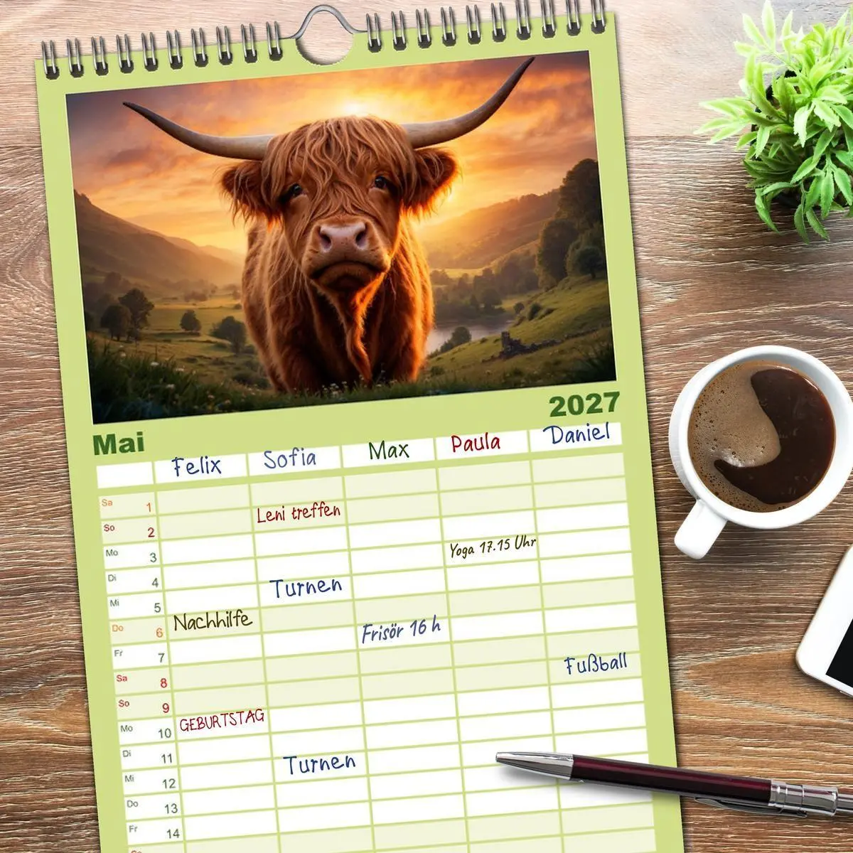 Bild: 9783594311967 | Familienplaner 2027 - Highland Kühe mit 5 Spalten (Wandkalender, 21...
