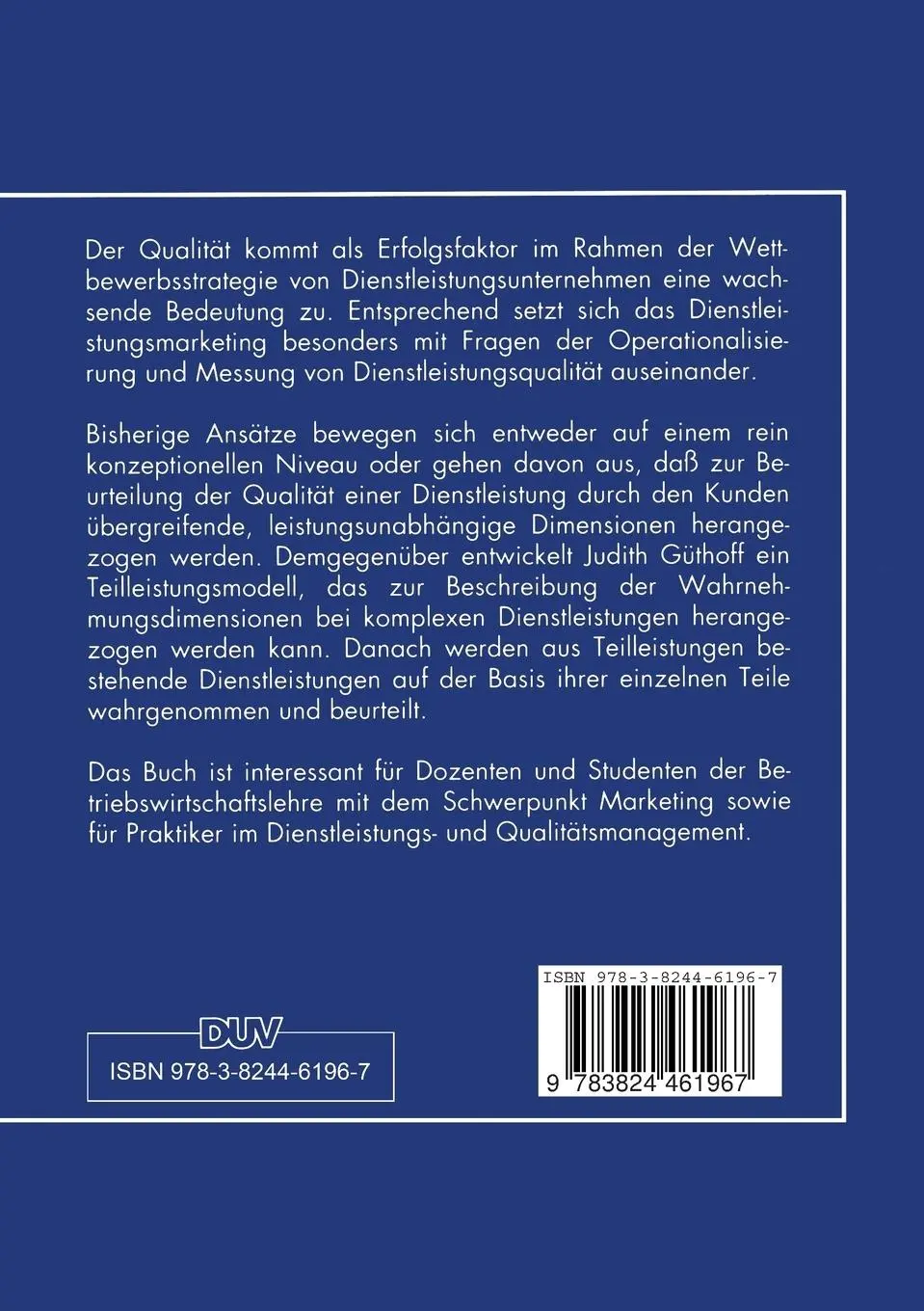Rückseite: 9783824461967 | Qualität komplexer Dienstleistungen | Judith Güthoff | Taschenbuch