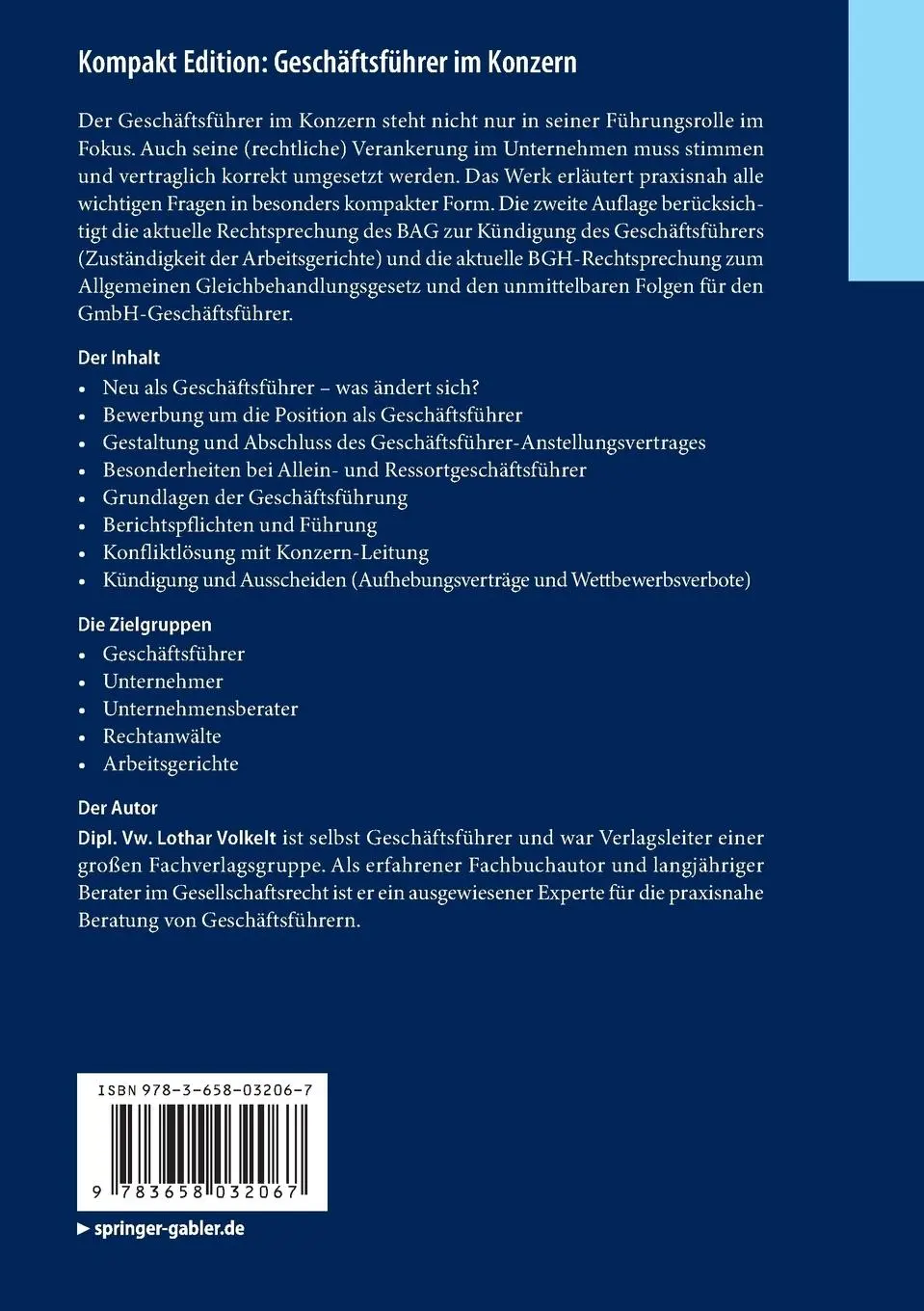 Rückseite: 9783658032067 | Kompakt Edition: Geschäftsführer im Konzern | Lothar Volkelt | Buch