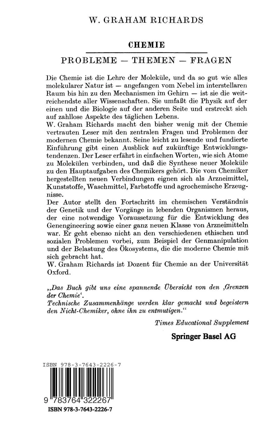 Rückseite: 9783764322267 | Chemie | Probleme - Themen - Fragen | Richards | Taschenbuch | 128 S.