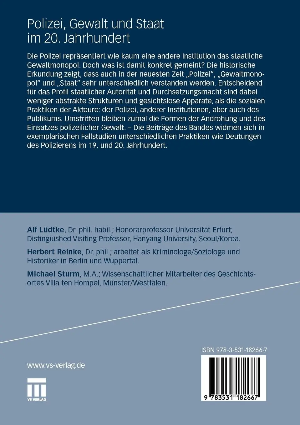Rückseite: 9783531182667 | Polizei, Gewalt und Staat im 20. Jahrhundert | Alf Lüdtke (u. a.)