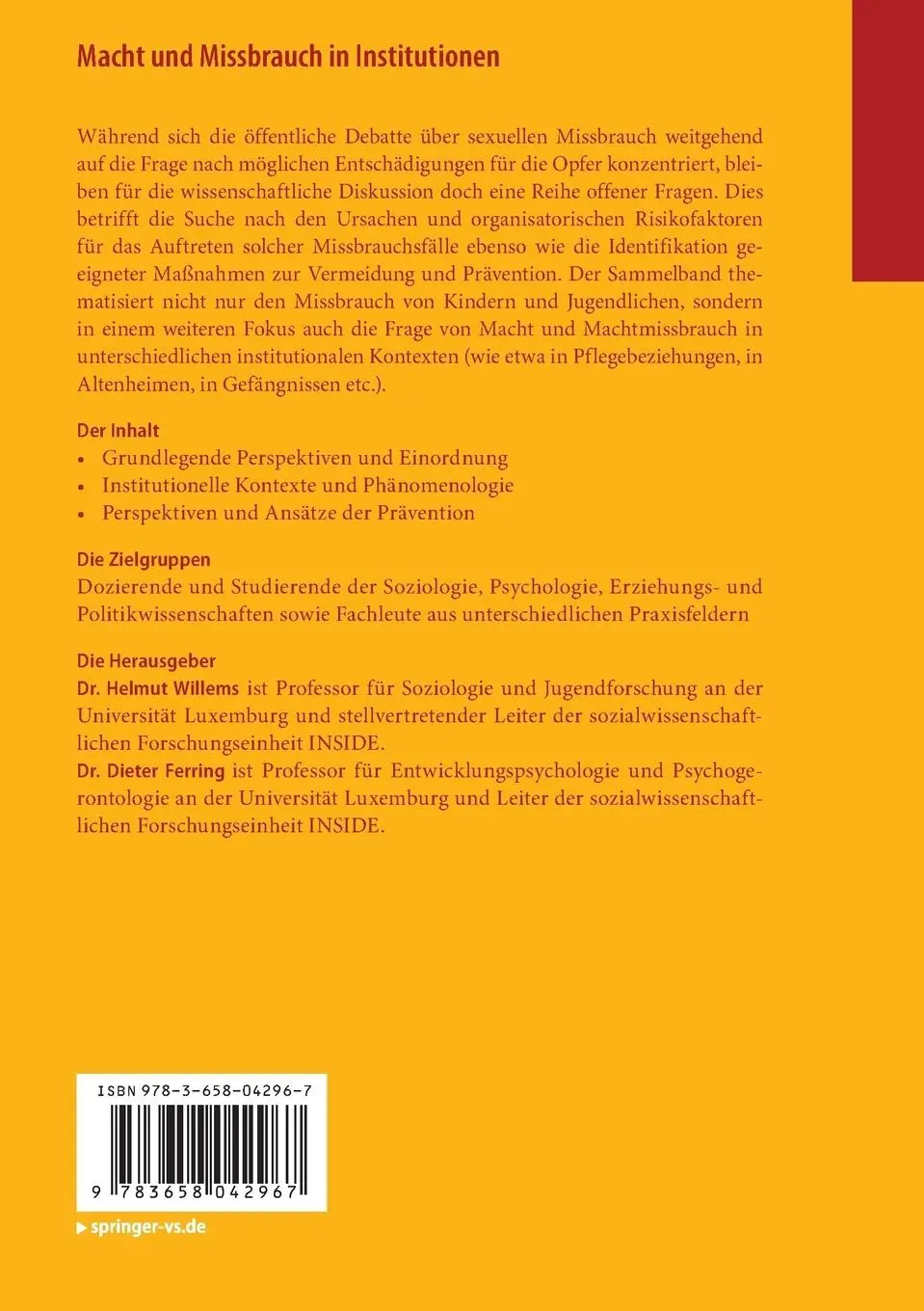 Rückseite: 9783658042967 | Macht und Missbrauch in Institutionen | Dieter Ferring (u. a.) | Buch