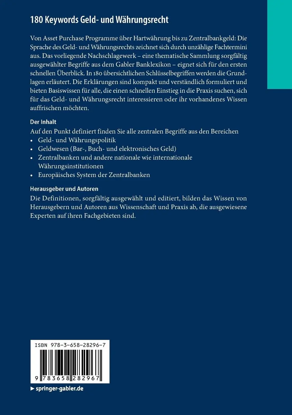 Rückseite: 9783658282967 | 180 Keywords Geld- und Währungsrecht | Ludwig Gramlich (u. a.) | Buch
