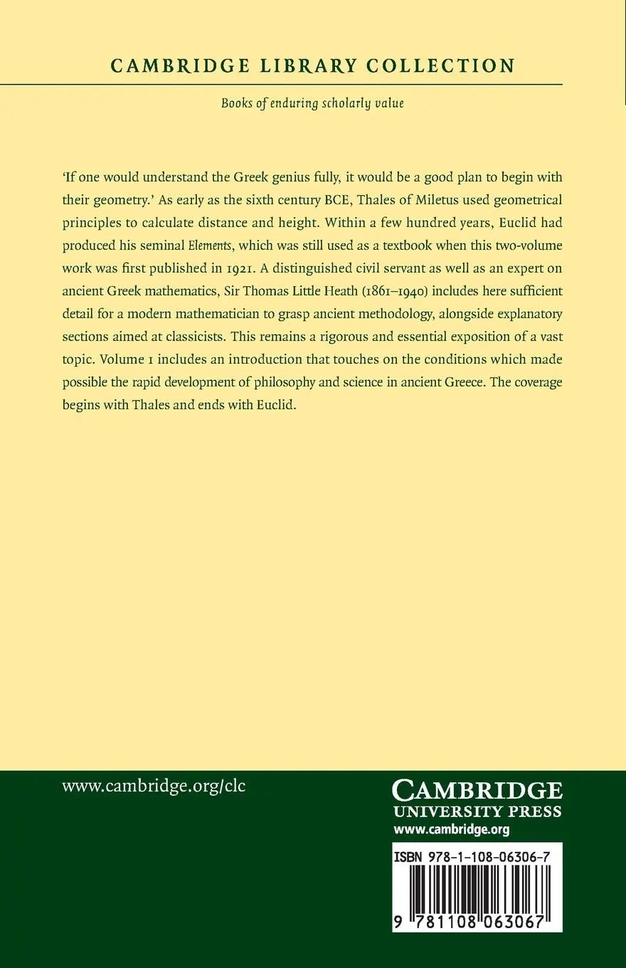 Rückseite: 9781108063067 | A History of Greek Mathematics | Volume 1 | T. L. Heath | Taschenbuch
